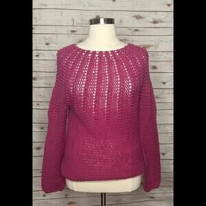 Handmade grannycore fuchsia open-knit crochet long sleeve sweater Size XL
